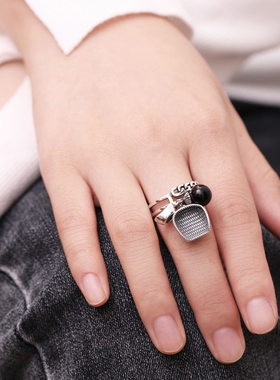 复古招财戒指女古风簸箕元宝黑珠时尚个性民族风文艺开口勤劳指环