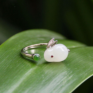 国潮银色玉兔戒指女款镀银小白兔送礼物生肖民族风开口食指指环