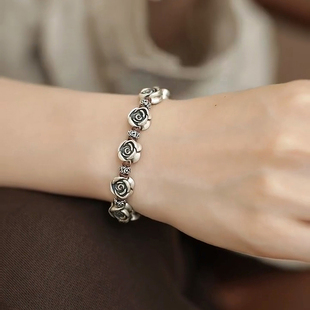 复古玫瑰花银色手链男女新中式小众精致花朵棕色手工编绳造型手串