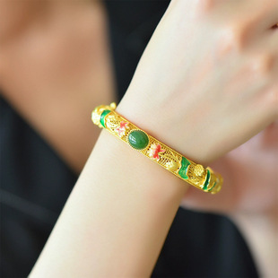 复古宫廷风莲花手镯珐琅彩好运莲莲古法金花丝镂空轻奢高级感镯子