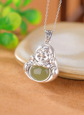 复古晴水玉弥勒佛吊坠女新中式大肚笑佛圆牌挂坠蛋面钱币佛公项链