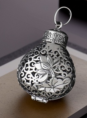 新中式福字梨形香囊吊坠可打开双面镂空复古莲花扩香薰嘎乌盒项链