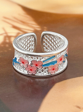 新中式古法珐琅镂空梅花花丝戒指女复古民族风时尚文艺范开口指环