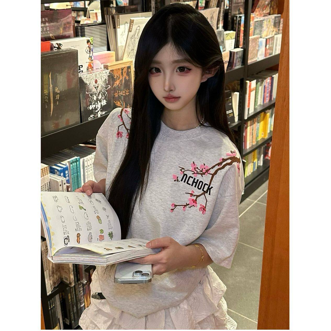NCHOCK美式复古花卉梅花刺绣短袖