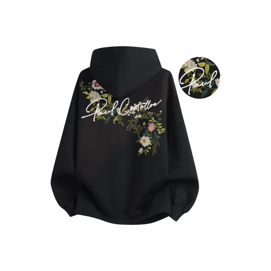 美式复古花卉落肩刺绣连帽卫衣女