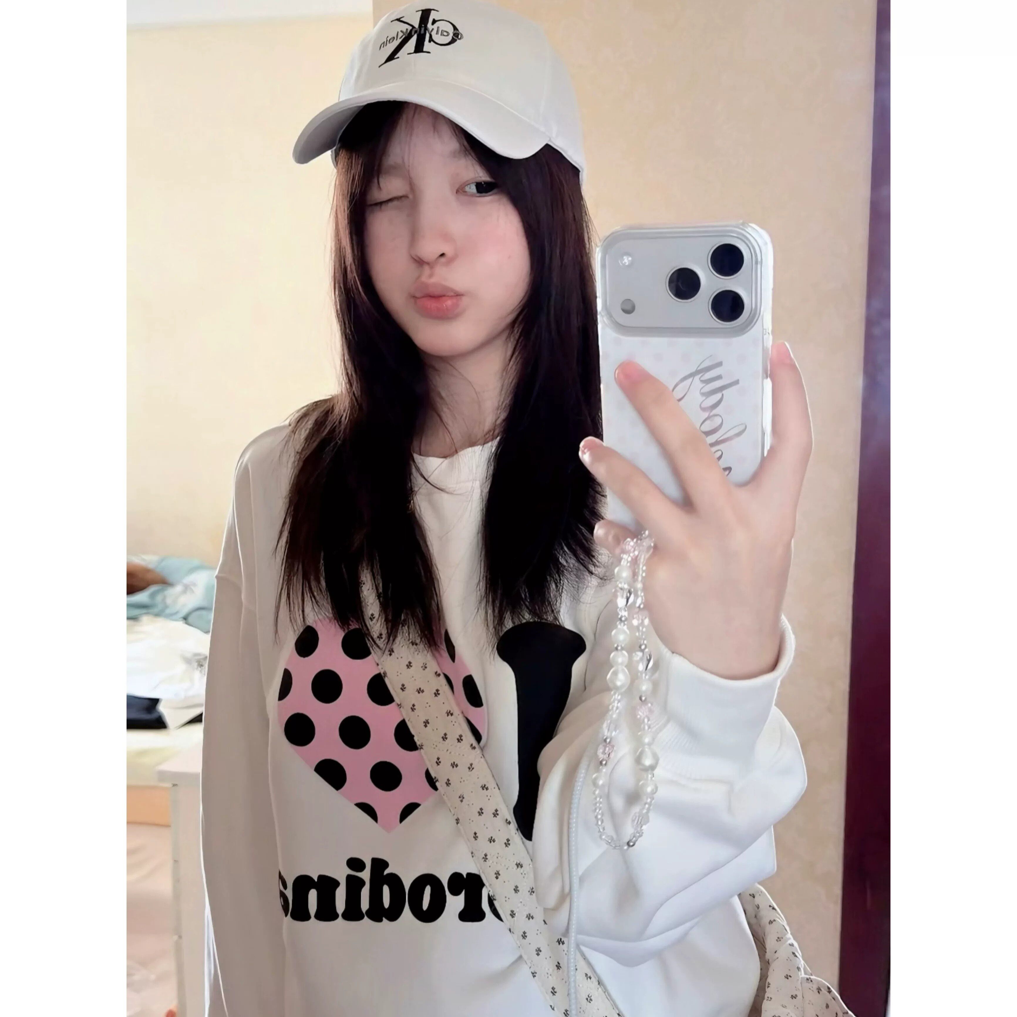美式波点爱心标语印花宽松卫衣女
