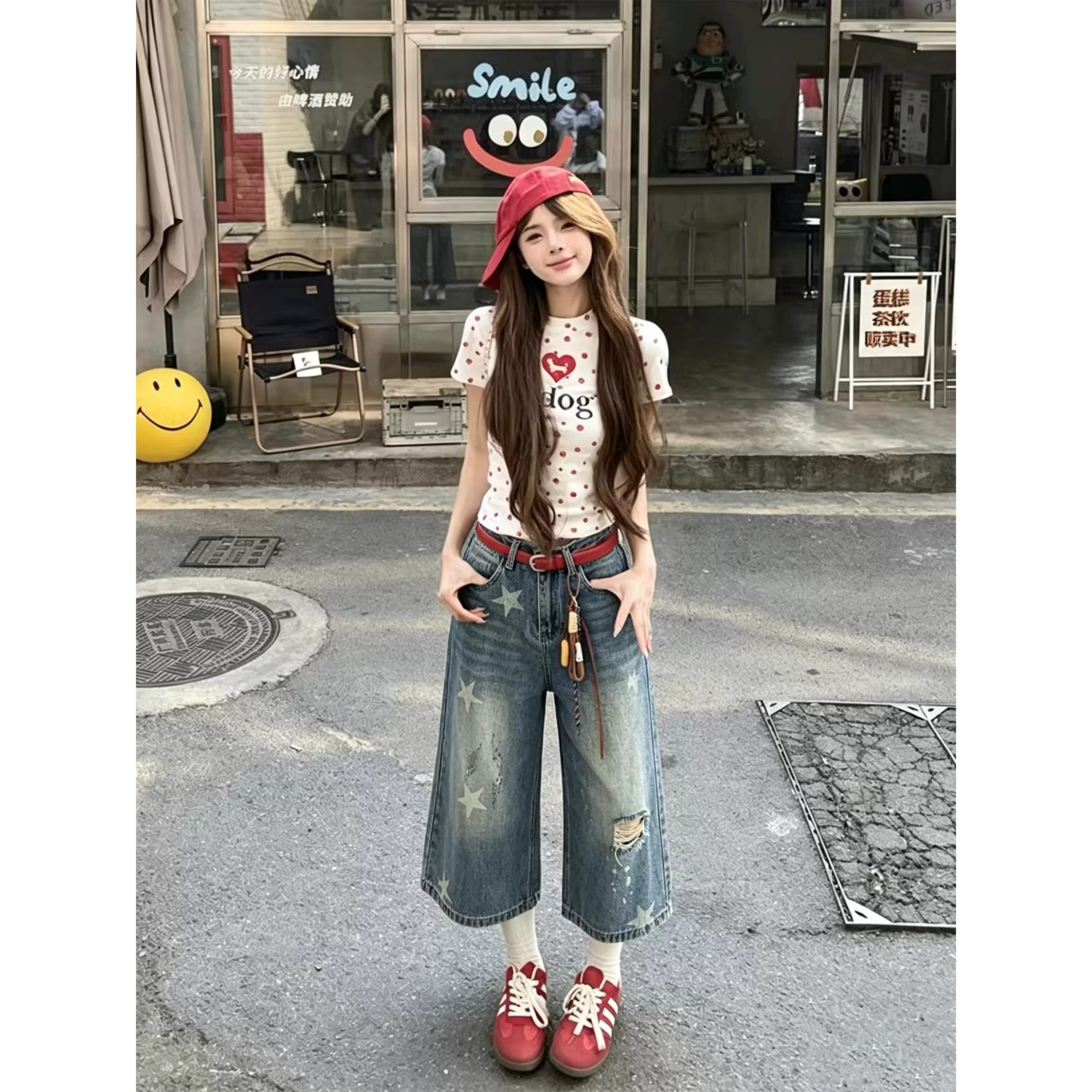 美式复古波点爱心印花短袖t恤女