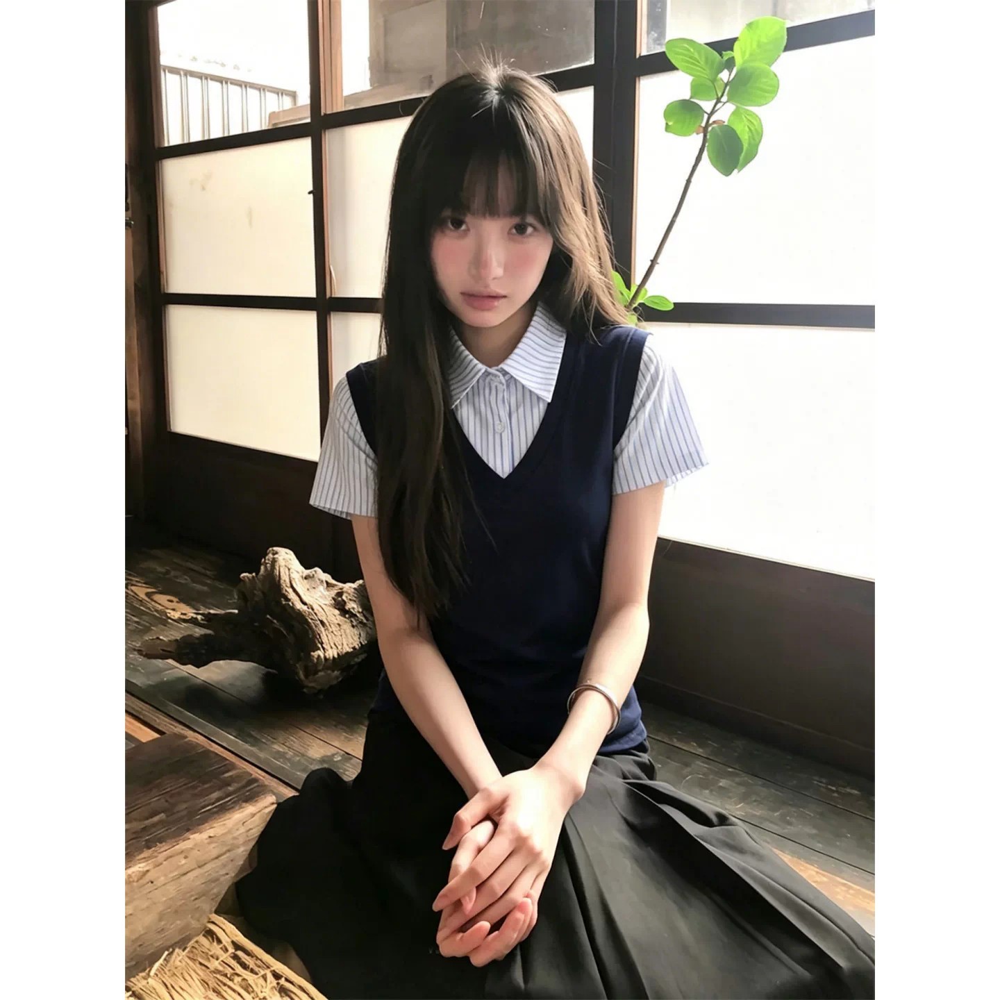 韩系条纹翻领假两件拼接短袖衬衫