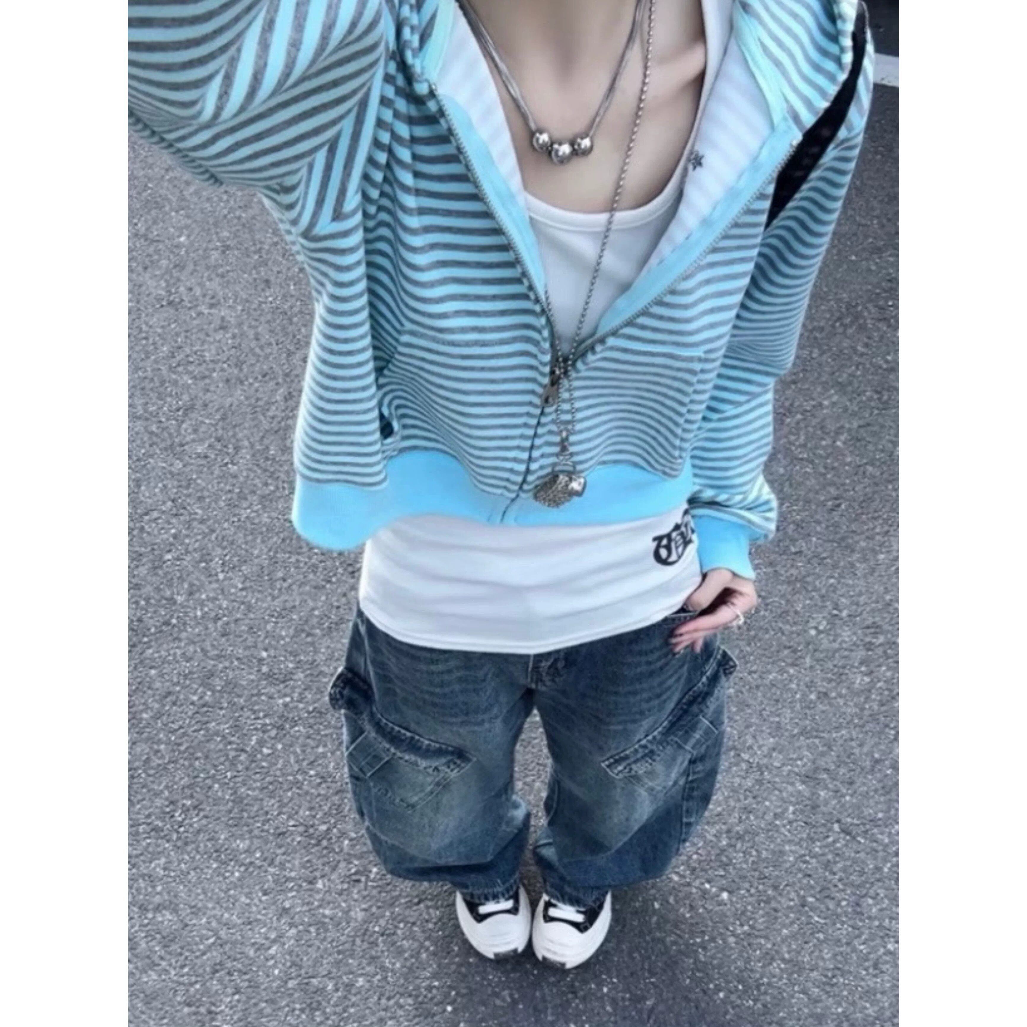 美式轻亚风条纹开衫连帽卫衣外套