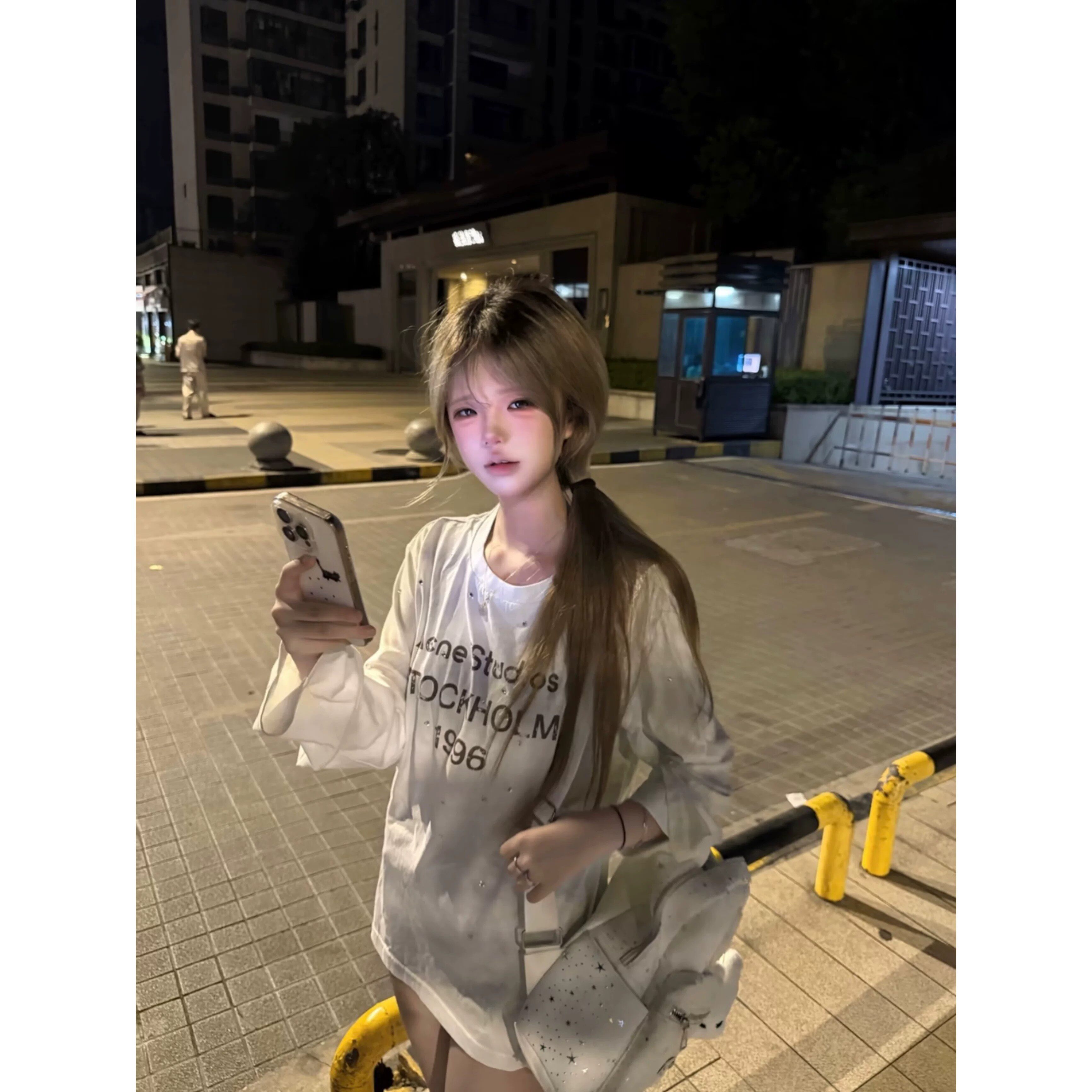 美式潮流烫钻字母宽松长袖t恤女