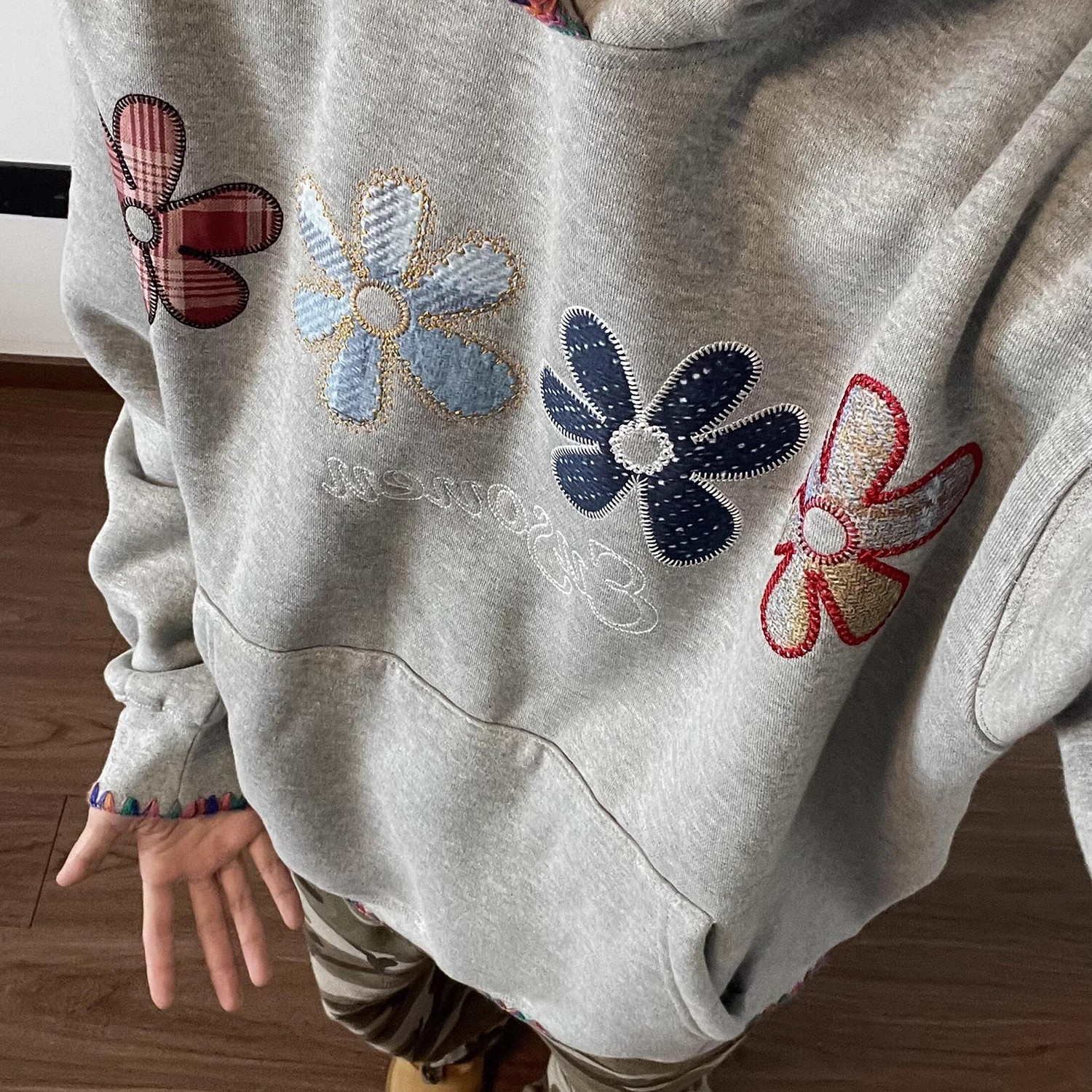 美式重磅满花刺绣彩色花朵卫衣女