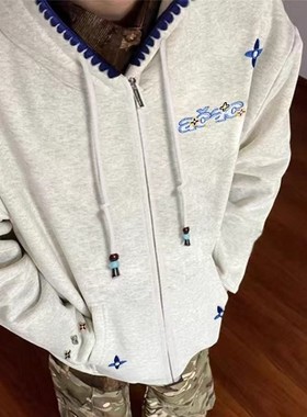 ACAC美式复古重磅四叶草刺绣连帽卫衣女冬季新款情侣同款拉链外套