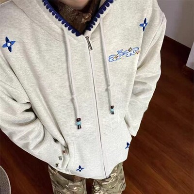 美式复古重磅四叶草刺绣连帽卫衣