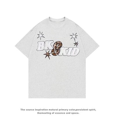 美式潮流星星豹纹字母刺绣短袖女