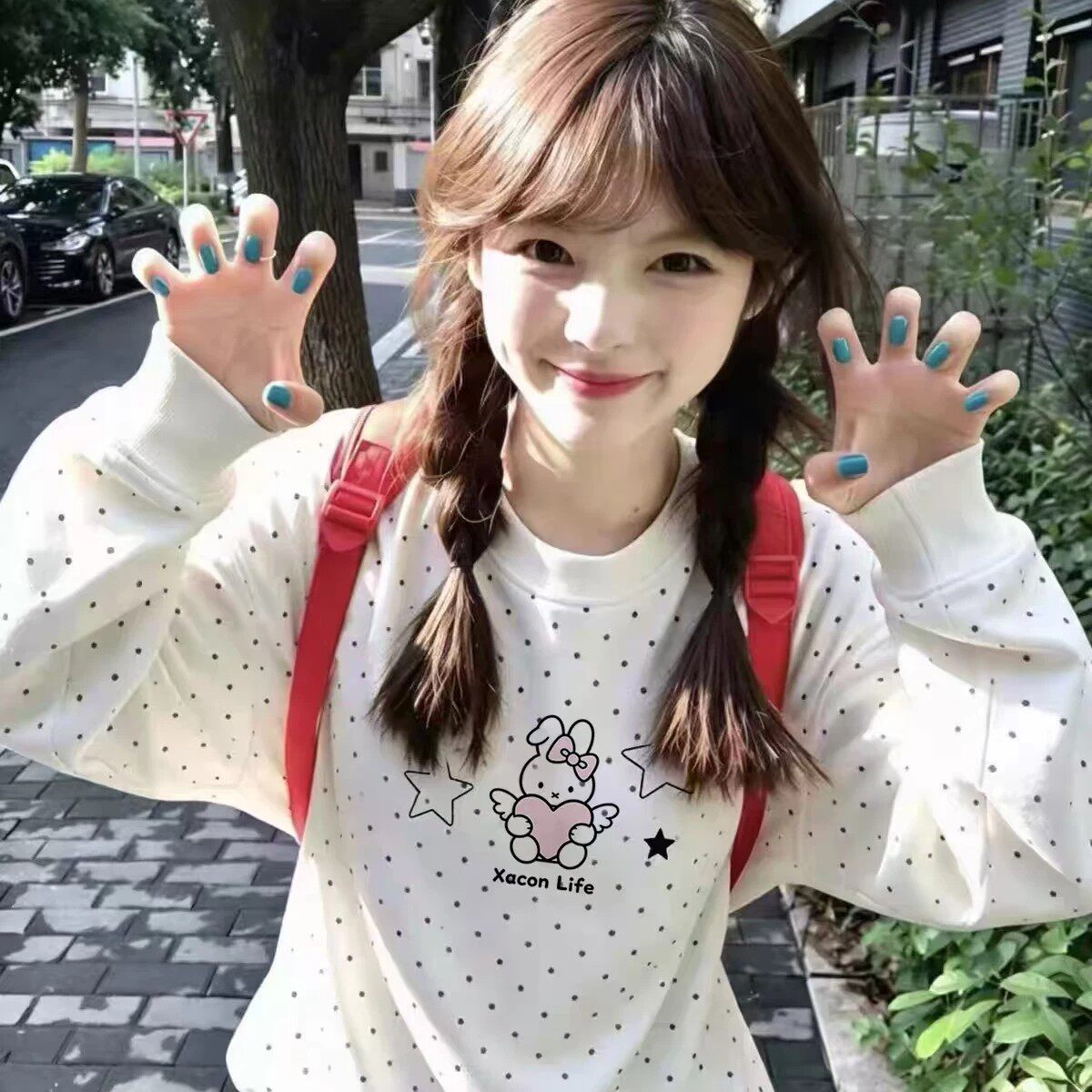 韩系松弛感波点圆领小兔子卫衣女