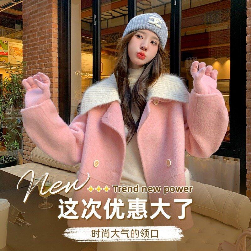 2023新款女士短款羊羔绒加厚高端双面羊绒短大衣女中长款毛呢外套
