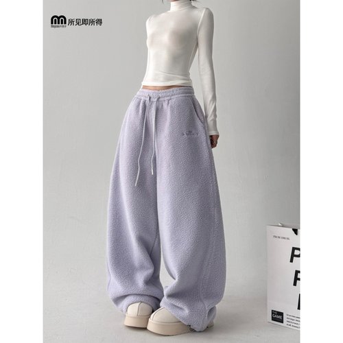 紫色摇粒绒裤子女秋冬加厚休闲