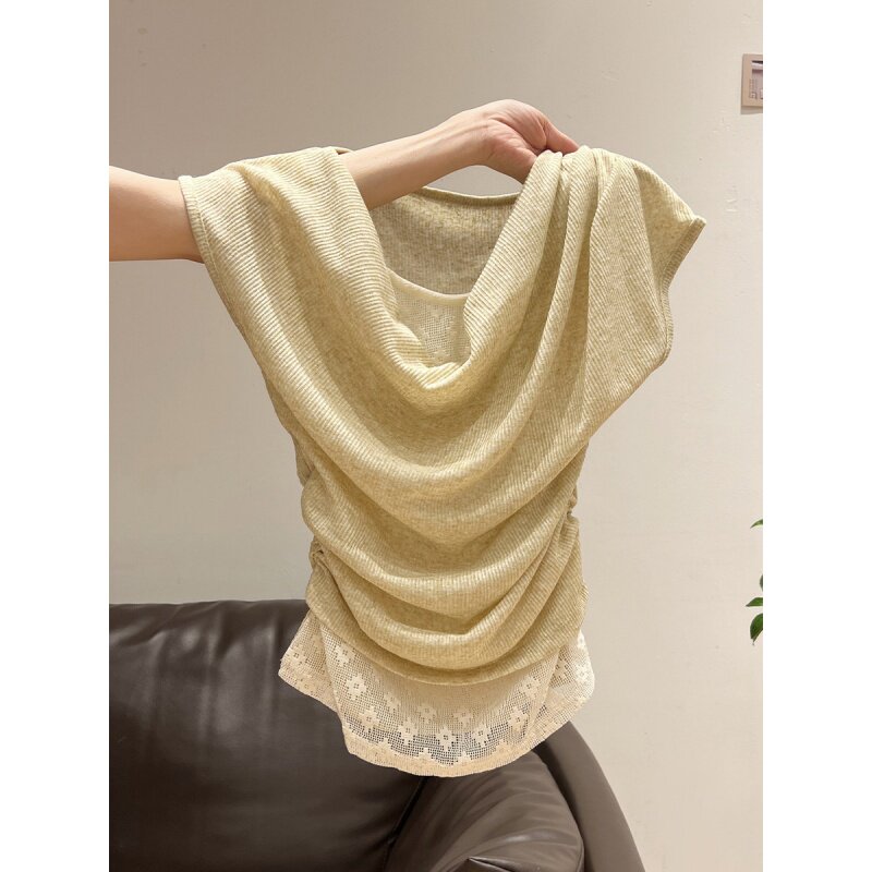 清仓尾货~清仓高级感荡领蕾丝拼接假两件短袖t恤夏季褶皱收腰上衣