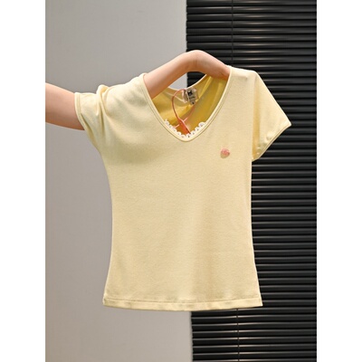 初夏新款v领蕾丝花边修身小上衣