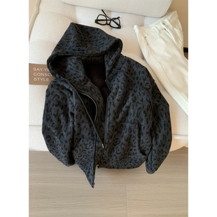 奥特莱斯 学生情侣卫衣 清仓捡漏复古豹纹加绒连帽外套女拉链开衫