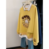 奥特莱斯 外贸余单刺绣猫咪假两件polo领加绒卫衣女减龄宽松上衣