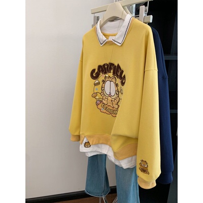 刺绣猫咪假两件polo领加绒卫衣女