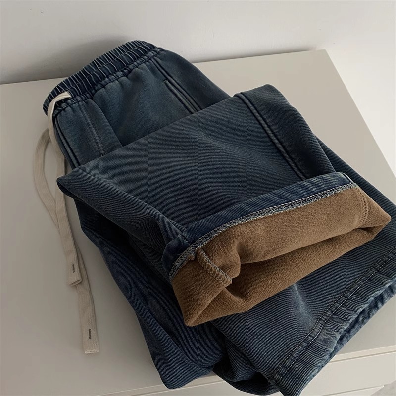 奥特莱斯~清仓捡漏加绒牛仔弯刀裤女加厚百搭垂感拖地直筒香蕉裤