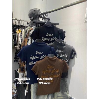 美式字母刺绣小高领T恤女显瘦