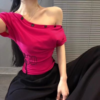 露肩T恤女夏季新款高腰美式辣妹