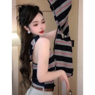 奥特莱斯 清仓捡漏纯欲简约时尚 撞色条纹连帽上衣设计感无袖 小衫