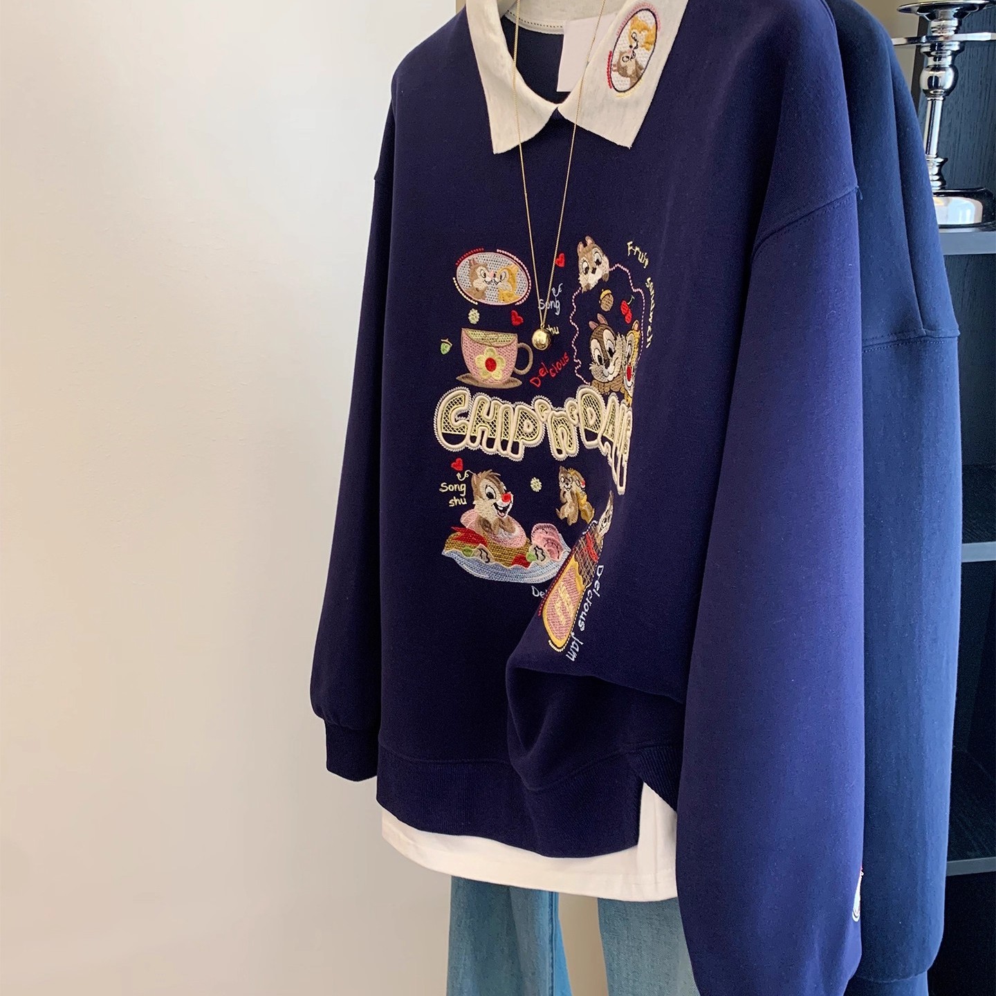 刺绣polo领卫衣女秋冬季假两件