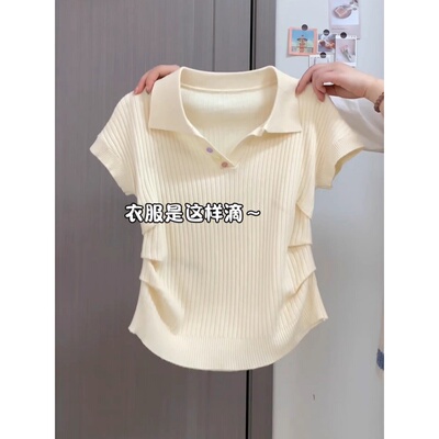 杏色POLO领短袖针织衫女夏季