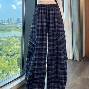 女秋冬运动束脚阔腿裤 裤 撤柜大牌复古高腰格子弯刀工装 清仓捡漏