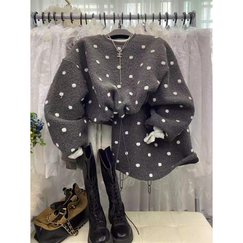 奥特莱斯~大牌余单波点羊羔毛套装女圆领抽绳保暖卫衣+显瘦短裙潮,女装/女士精品,大码套装,淘宝优惠券,粉丝福利购,淘宝优惠卷