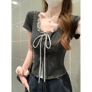 短款 t恤女独特漂亮超好看小衫 上衣 余单专柜正肩方领短袖 奥特莱斯