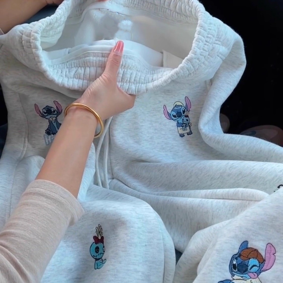 日系穿搭可爱卡通刺绣加绒阔腿裤