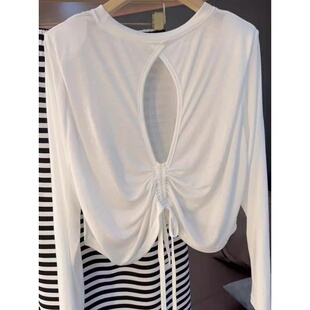 T恤女后背镂空胖mm罩衫 长袖 潮 品牌余单设计感露背防晒衫 奥特莱斯