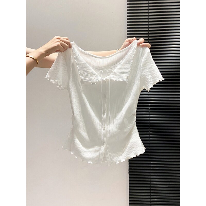 清仓尾货~大牌剪标纯欲风蕾丝花边短袖t恤衫女假两件显瘦百搭上衣