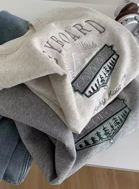 奥特莱斯~撤柜折扣重工刺绣圆领卫衣女宽松减龄韩版百搭学生上衣