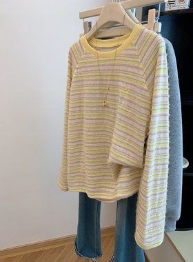 奥特莱斯~外贸余单黄色条纹爱心刺绣插肩长袖t恤早秋韩系减龄上衣