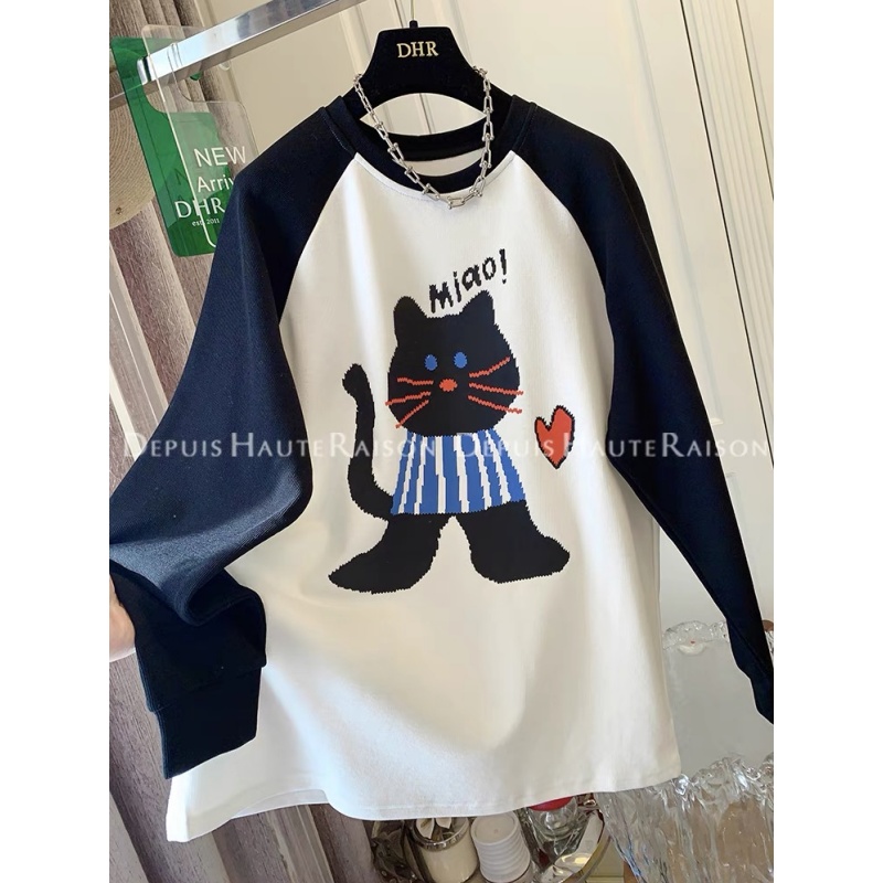 奥特莱斯~品牌余单磨毛插肩撞色长袖上衣女配鲨鱼裤保暖T恤打底衫