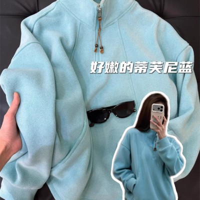 蓝色抽绳半开衫高领套头卫衣女秋