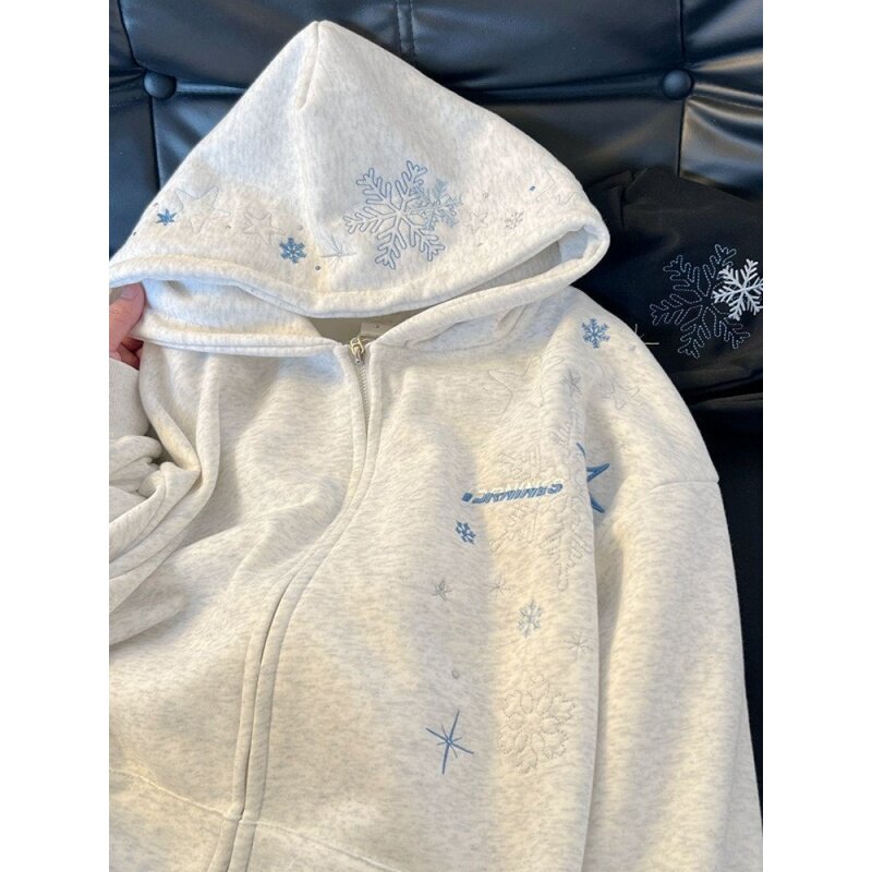 清仓捡漏~大牌剪标雪花刺绣开衫连帽卫衣女秋冬季加绒加厚外套潮