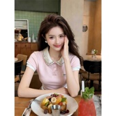 t恤女高级感独特正肩上衣 余单韩系甜美风娃娃领短袖 奥特莱斯 特价