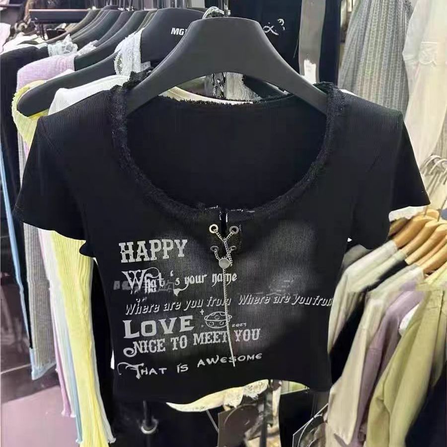 设计感辣妹字母上衣女纯欲链条