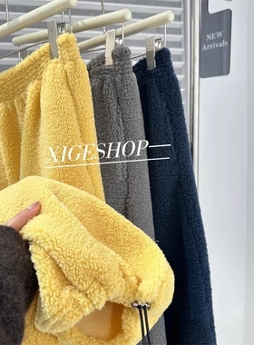 奥特莱斯~清仓外贸羊羔毛休闲裤女宽松保暖阔腿两穿可束脚直筒裤