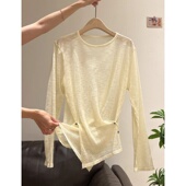 奶黄色不规则圆领长恤防晒罩衫 奥特莱斯 撤柜女装 女微透纽扣上衣