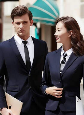 新款男女西装银行职业装大码套装修身藏蓝色宝蓝色哔叽工作服