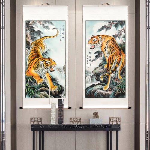 老虎上山国画玄关走廊餐厅背景墙