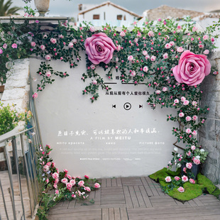 仿真玫瑰花藤网红拍照打卡背景墙晴天粉色墙景区民宿门店阳台装饰